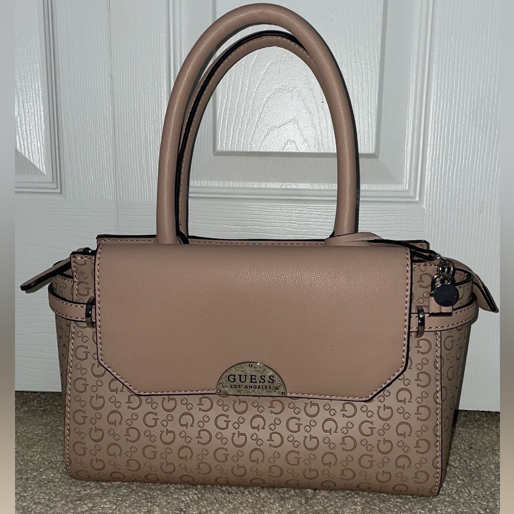 NEW GUESS Women's Tan Beige Logo Debossed Satchel Handbag Purse